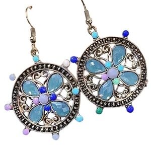 Silver‎ and Blue Floral Earrings